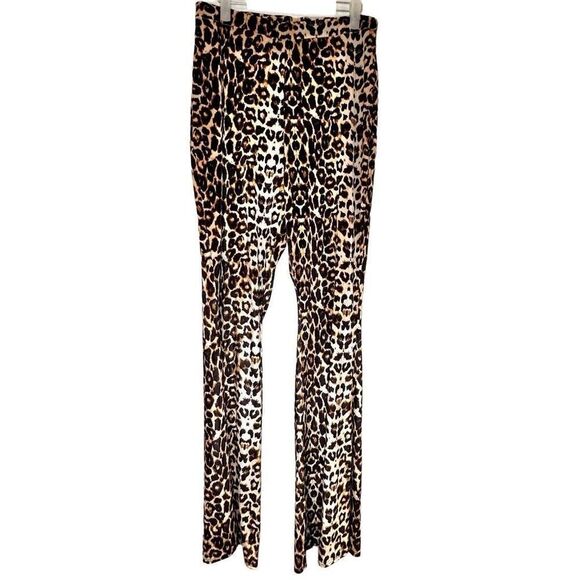 Pretty Little Thing Leopard Velvet Flat Front Wide Leg Pants Brown Tan Size 12 - Picture 1 of 6